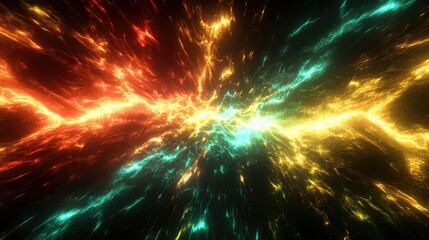 Abstract energetic plasma forming a colorful explosion with red, yellow, and blue light streams radiating outwards from a central point, symbolizing cosmic power and intense force