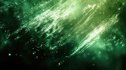 Green abstract background depicting a dynamic flow of glowing particles, light streaks, and bokeh effects, creating a vibrant digital and technological atmosphere with energy and movement
