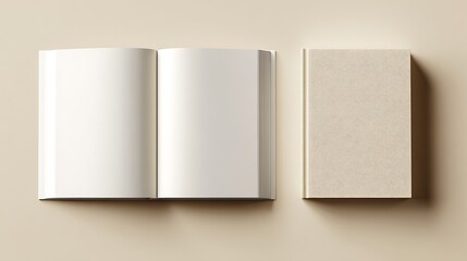 Naklejka premium Blank book mockup featuring open pages and a closed hardcover on a neutral background