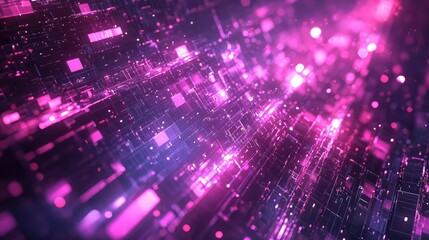 Digital information stream creating a vibrant abstract background with glowing pink and purple light particles along a complex grid, representing advanced technology and computing concepts