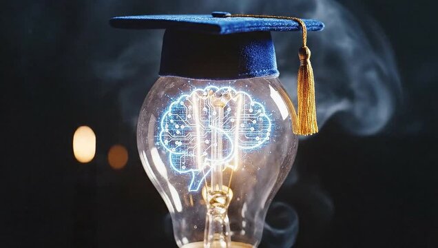 Illuminated Brain in Lightbulb with Graduation Cap Symbolizing Education and Bright Ideas.
