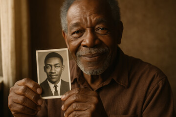 Black History Month. Elderly man holding vintage portrait of himself, reflecting time and memory with a warm smile