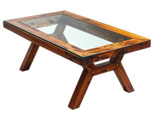 Rustic wooden coffee table with glass top insert and angled cross-leg base