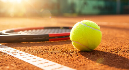 Close up image shows bright yellow tennis ball resting on an orange court, with a racket blurred in the background illuminated by warm sunset light