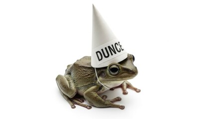 Fototapeta premium frog wearing a dunce cap hat, dim, dumb, stupid, on a white background, animal photo