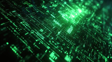 Abstract green light rendering a futuristic grid with glowing nodes and connection lines, symbolizing interconnected cybersecurity, big data processing, and advanced technology