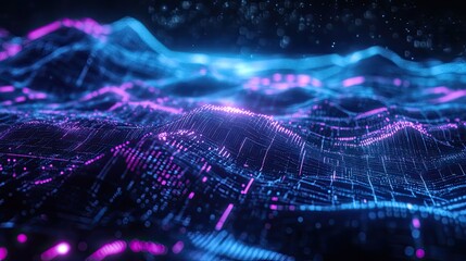 Digital data waves moving on an abstract landscape, showing connections, flow, and complex patterns in a futuristic and technological concept with glowing lights