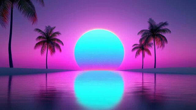 Neon sunset tropical beach palm tree pastel gradient vaporwave synthwave surreal landscape reflective water dreamy glow horizon calm vibrant sky