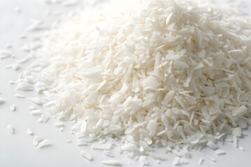 Fine shredded coconut in a soft pile on white surface, showcasing fibrous texture and purity for culinary, baking, and tropical ingredient use