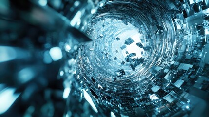 Abstract tunnel featuring a dynamic stream of glowing blue shards and geometric shapes, creating a vortex representing fast data transfer and advanced technological exploration