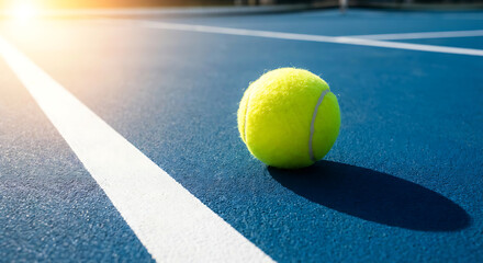 Close up shows a tennis ball on bright blue hard court with sun flare, waiting for the next rally to begin