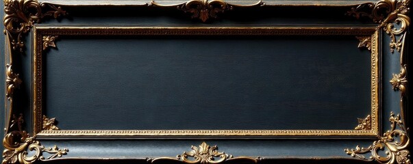 Distressed black wood frame, gold filigree accents, molding, decor, design