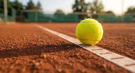 Close up of a yellow tennis ball on the line of an outdoor clay court in soft, warm light, professional sports concept