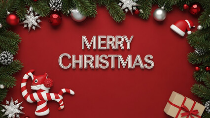 A festive merry christmas banner with a border of holiday decorations and text