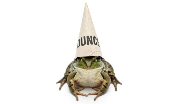 frog wearing a dunce cap hat, dim, dumb, stupid, on a white background, animal photo
