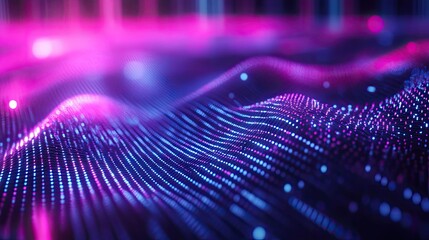 Glowing waves of digital data ripple across an abstract landscape, forming interconnected particles and networks that visualize big data, ai, machine learning and futuristic tech