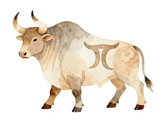 Zodiac Taurus Illustration: A detailed watercolor illustration of the Taurus zodiac sign, showcasing a bull in a pose of strength and composure, embodies the essence of the zodiac.