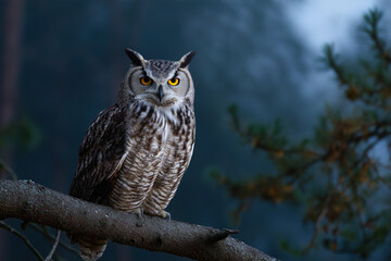 A stunning owl sitting gracefully on a tree branch during twilight, embodying the mystery and beauty of wild birds in their natural habitat amid serene surroundings.