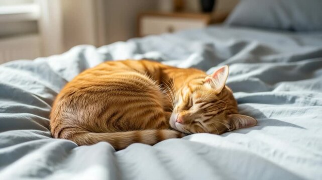 Adorable orange cat sleeping peacefully on rumpled bed sheets