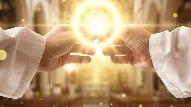 Priest Hands Holding the Sacred Host During Holy Communion Mass