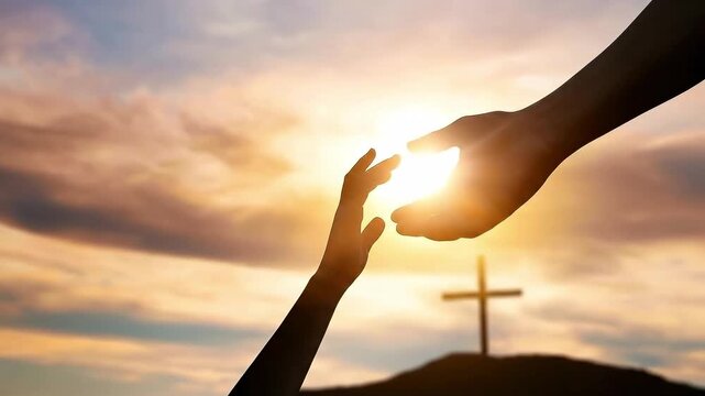 Silhouette of Hand Reaching Up to God with Cross Background at Sunset