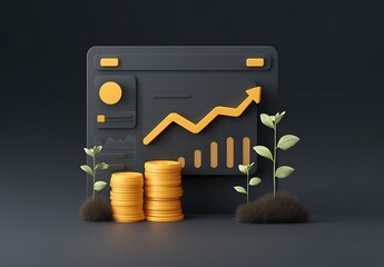 Financial Growth Illustration: Rising Chart with Coins and Seedlings on Dark Background Visualizing Investment Success and Business Development with Economic Expansion
