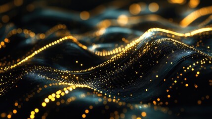 Glowing golden particles creating undulating lines and abstract waves, visualizing complex data streams, digital connections, and advanced network technology across a dark background