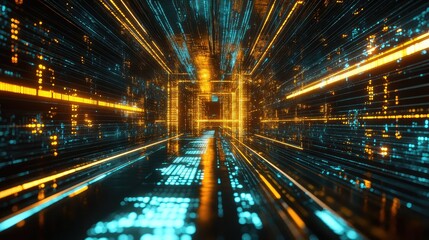 Digital tunnel showing flowing data with glowing neon lines and binary code, representing concepts of big data, artificial intelligence, and global network connectivity
