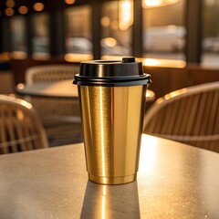 Gold Reflective Coffee Cup with Black Lid on Warm Lighting
