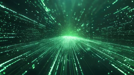 Glowing green particles and light trails are moving through an abstract digital tunnel, representing concepts of high speed data transfer, network communication, and technological advancement