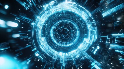 Abstract digital portal showcasing big data flowing through a futuristic cyberspace tunnel, representing advanced information processing and the interconnected global network