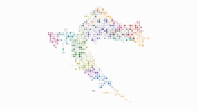 Croatia map animation. Shape of the country with pulsating colored dots. Small size circle blocks. Digital style Croatia map on white background. Creative video.