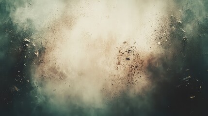 Exploding dust cloud and airborne debris scattering across a dark background, creating a high energy abstract texture with dynamic motion, grit, and chaotic visual impact