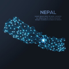 Geometric low-poly vector depiction of Nepal showing illuminated cities and population clusters as sparkling dots and space-inspired stars. digital communication network
