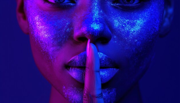 Stunning Portrait Of A Young African Woman With Fluorescent Face Paint And Closed Mouth In Uv Light, Silently Gesturing.