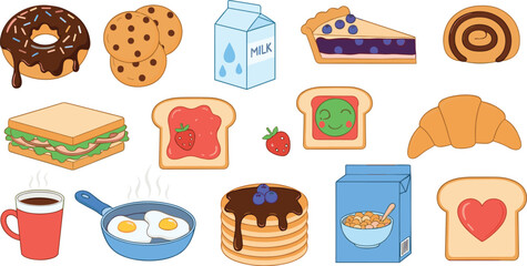 Cute breakfast food icons set with bread eggs pancakes milk and coffee cartoon vector illustration