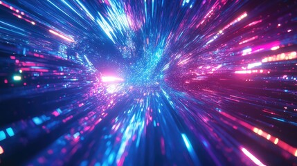 Abstract digital tunnel presenting fast streaming data and glowing light lines, creating a dynamic concept of high speed information flow and modern technological advancement
