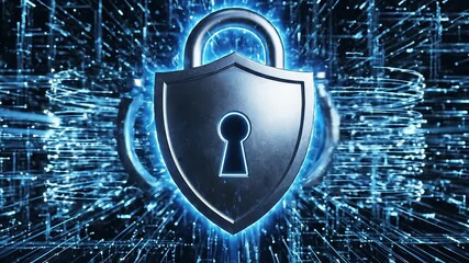 A highly detailed digital padlock shield with a glowing keyhole symbolizing robust cybersecurity and data protection within a complex abstract network of blue light rays representing secure informati. - Powered by Adobe