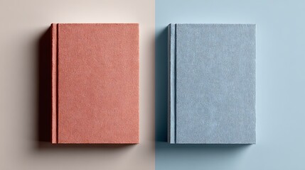 Fototapeta premium Two plain hardcover books, one terracotta and one light blue, lying flat on a matching split-color background