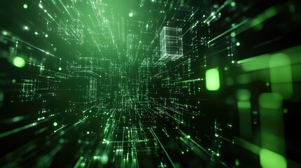 Digital data streams creating abstract network structures with glowing green lines and particles, representing modern technology, global communication, and the interconnected future