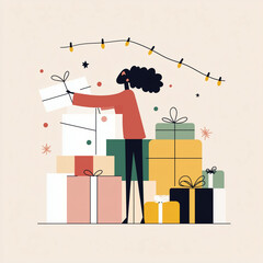 Simple hand-drawn illustration with thick black lines on a solid beige background. A woman in her 30s stands behind a pile of gifts, drawn in an editorial illustration style with a clean composition. 