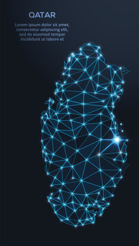 Geometric low-poly vector depiction of Qatar, showing illuminated cities and population clusters as sparkling dots and space-inspired stars. digital communication network