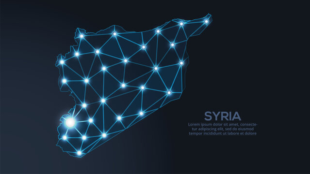 Geometric low-poly vector depiction of Syria, showing illuminated cities and population clusters as sparkling dots and space-inspired stars. digital communication network