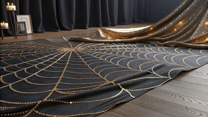 Golden Spiderweb Pattern on Black Fabric with Glistening Threads