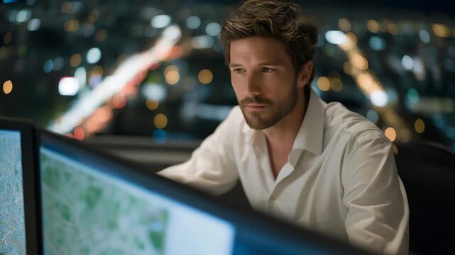 An urban traffic operator monitoring thousands of intersections at once, rerouting flows during rush hour through a glowing city-grid interface &mdash; intelligent transportation control, congestion