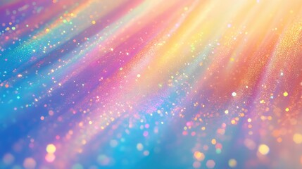 Vibrant shimmering glitter dust particles creating colorful bokeh patterns, flowing diagonally across the frame and forming an abstract, iridescent light background
