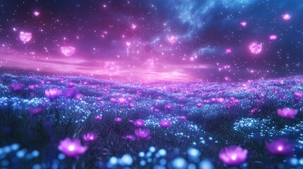 Obraz premium Glowing heart forms gently float above an enchanting field of purple and blue luminous flowers, creating a magical ethereal landscape under a starry, vibrant night sky