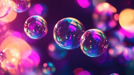 Transparent soap bubbles are floating in an abstract dark space, reflecting a bokeh background filled with vibrant pink, purple, blue, and yellow light, creating a dreamlike and colorful atmosphere