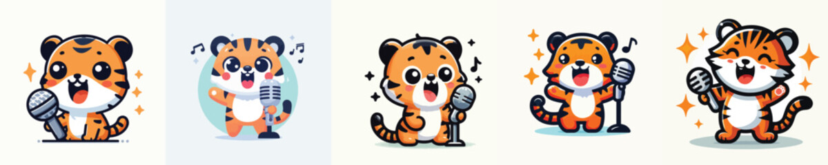 cute tiger vector singing using microphone