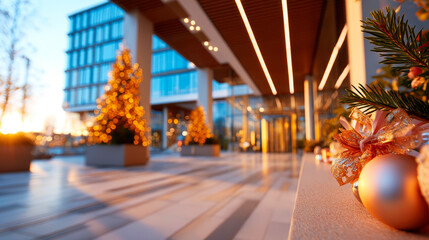 Christmas tree in entrance of modern office building holiday corporate decoration lobby festive